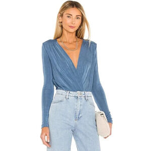 Free People Intimately Turnt Bodysuit Slate Blue Small V Neck Wrap Long Sleeve